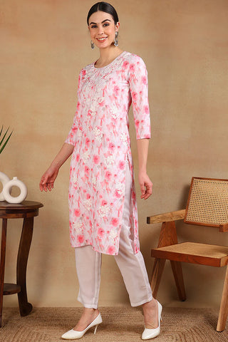 White & Pink Cotton Printed & Embroidered Straight Shape Kurta