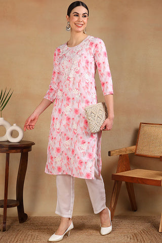 White & Pink Cotton Printed & Embroidered Straight Shape Kurta