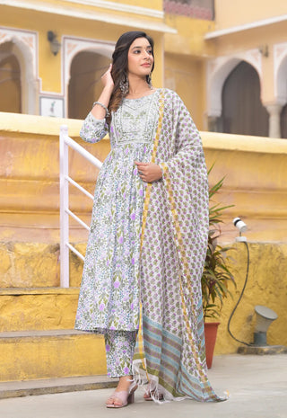 White & Purple Viscose Block Print & Embroidered Suit Set with Chanderi Cotton Dupatta