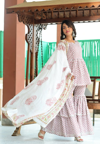 Cotton White Red Printed Sharara Set