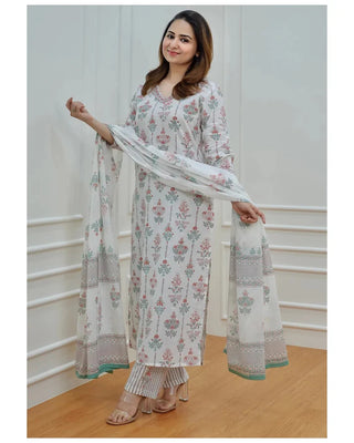 White Viscose Straight Cut Block Print Kurta Pant Set with Kota Doria Dupatta