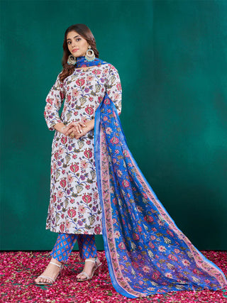 White Cotton Blend Floral Print Suit Set with Dupatta