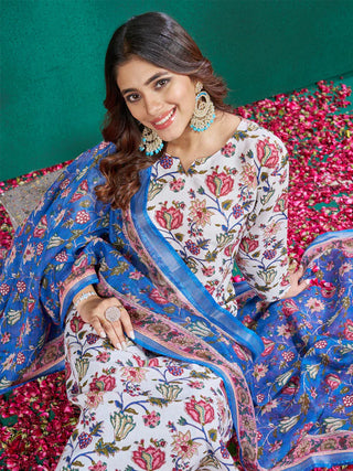 White Cotton Blend Floral Print Suit Set with Dupatta