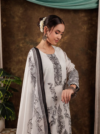 White Cotton Ethnic Motif Detailing Straight Shape Suit Set with Voile Dupatta