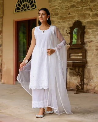 White Cotton Minimal Thread Embroidered Suit Set with Organza Dupatta