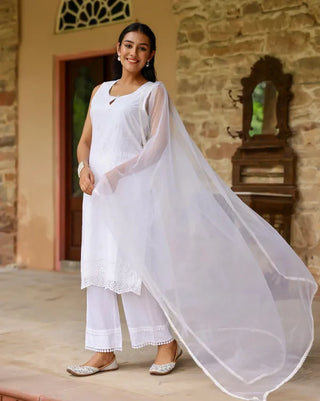 White Cotton Minimal Thread Embroidered Suit Set with Organza Dupatta