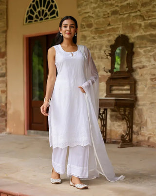 White Cotton Minimal Thread Embroidered Suit Set with Organza Dupatta