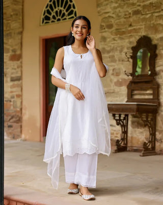 White Cotton Minimal Thread Embroidered Suit Set with Organza Dupatta