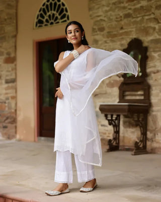 White Cotton Minimal Thread Embroidered Suit Set with Organza Dupatta