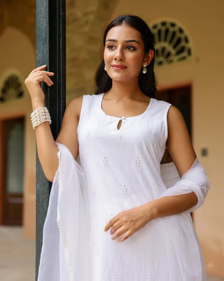 White Cotton Minimal Thread Embroidered Suit Set with Organza Dupatta