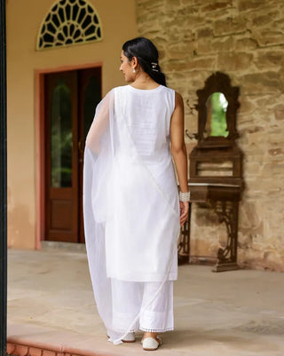 White Cotton Minimal Thread Embroidered Suit Set with Organza Dupatta