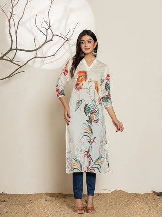 White Silk Blend Digital Floral Printed Kurta