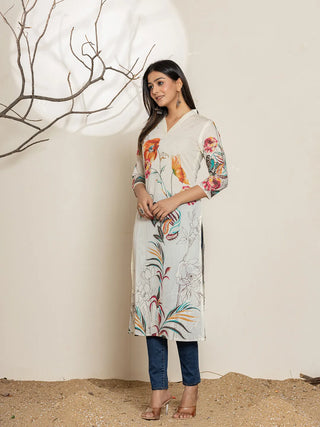 White Silk Blend Digital Floral Printed Kurta