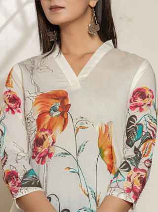 White Silk Blend Digital Floral Printed Kurta