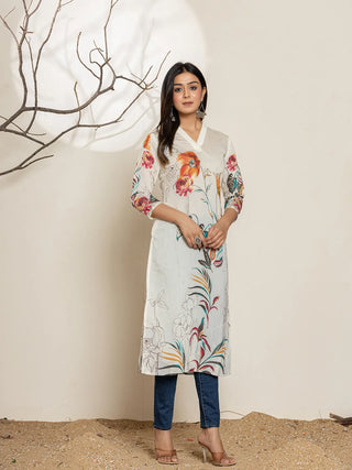 White Silk Blend Digital Floral Printed Kurta