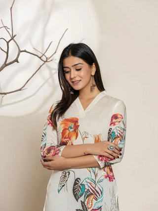 White Silk Blend Digital Floral Printed Kurta