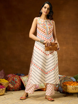 Cream Cotton Blend Printed Kurta Bottom Set