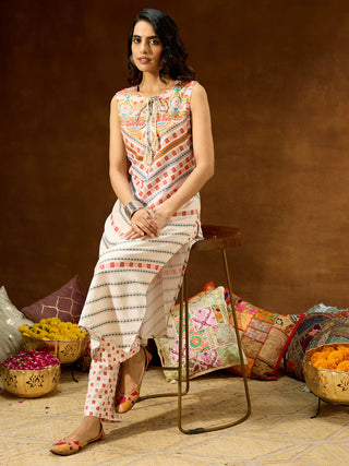 Cream Cotton Blend Printed Kurta Bottom Set