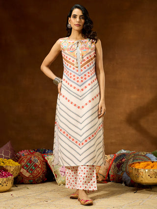 Cream Cotton Blend Printed Kurta Bottom Set