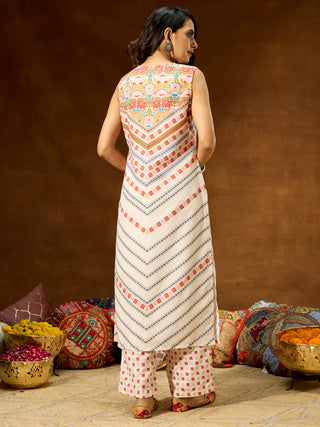 Cream Cotton Blend Printed Kurta Bottom Set