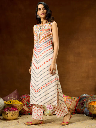 Cream Cotton Blend Printed Kurta Bottom Set