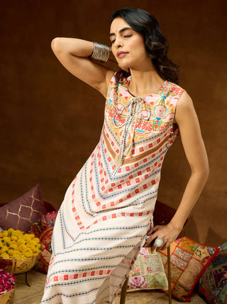 Cream Cotton Blend Printed Kurta Bottom Set