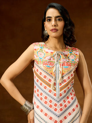 Cream Cotton Blend Printed Kurta Bottom Set