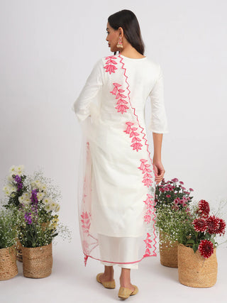 White Ethnic Motif & Thread Embroidered Straight Shape Suit Set with Dupatta