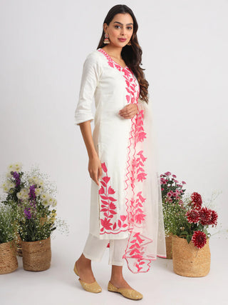 White Ethnic Motif & Thread Embroidered Straight Shape Suit Set with Dupatta