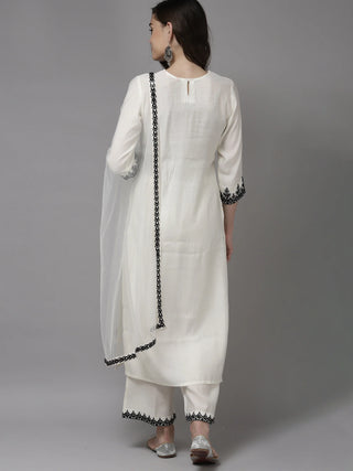 White Cotton Blend Embroidered Suit Set with Organza Dupatta