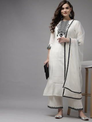 White Cotton Blend Embroidered Suit Set with Organza Dupatta