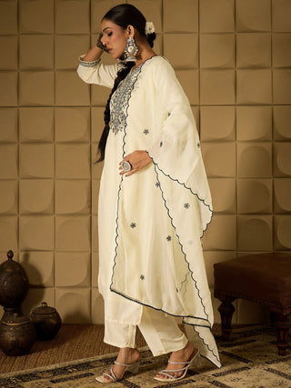 White Silk Blend Ethnic Motif Embroidered Suit Set with Organza Dupatta