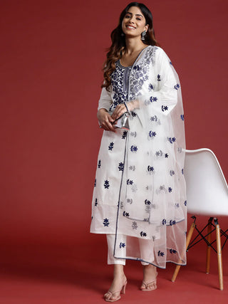 White Embroidered Straight Shape Suit Set with Dupatta