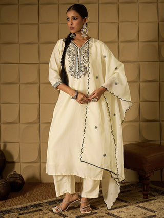 White Silk Blend Ethnic Motif Embroidered Suit Set with Organza Dupatta