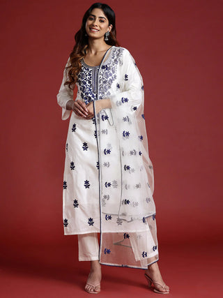 White Embroidered Straight Shape Suit Set with Dupatta