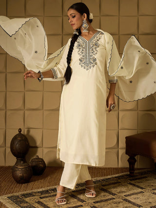 White Silk Blend Ethnic Motif Embroidered Suit Set with Organza Dupatta