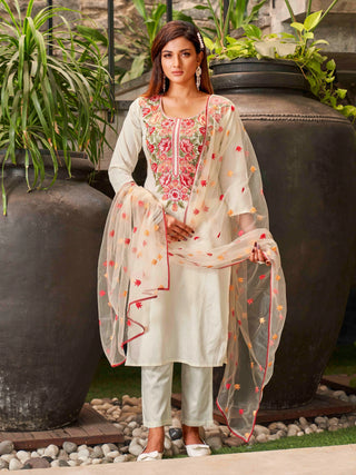 White Cotton Blend Floral Embroidered Straight Shape Suit Set with Dupatta