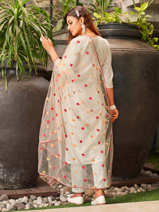 White Cotton Blend Floral Embroidered Straight Shape Suit Set with Dupatta