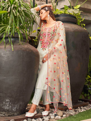 White Cotton Blend Floral Embroidered Straight Shape Suit Set with Dupatta