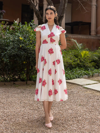 White, Pink Floral Print Midi Dress