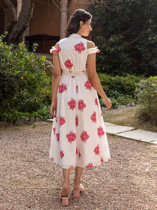 White, Pink Floral Print Midi Dress