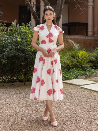 White, Pink Floral Print Midi Dress