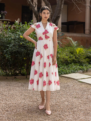 White, Pink Floral Print Midi Dress