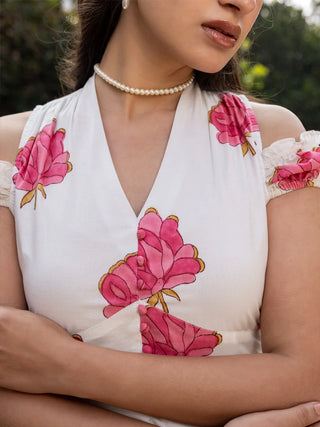White, Pink Floral Print Midi Dress