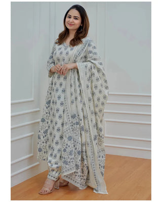 White Viscose Floral Print Straight Shape Suit Set with Dupatta