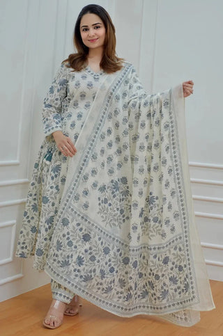 White Viscose Floral Print Straight Shape Suit Set with Dupatta