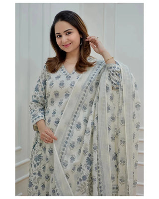 White Viscose Floral Print Straight Shape Suit Set with Dupatta