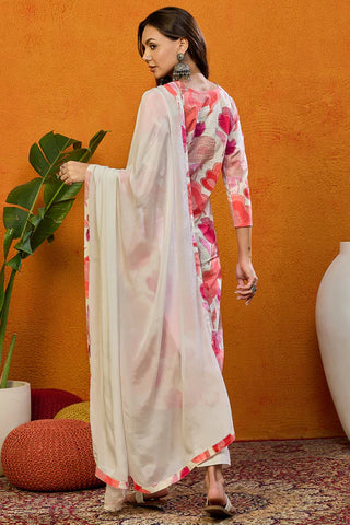 White Cotton Blend Floral Print Straight Shape Suit Set with Dupatta