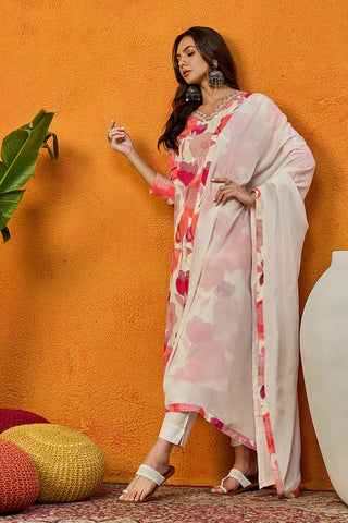 White Cotton Blend Floral Print Straight Shape Suit Set with Dupatta