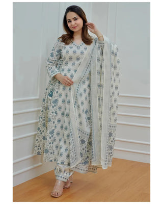 White Viscose Floral Print Straight Shape Suit Set with Dupatta